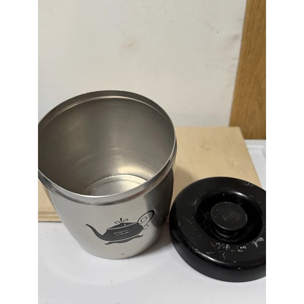 Vintage West Bend Aluminum TEA Canister Silver With Black Lid